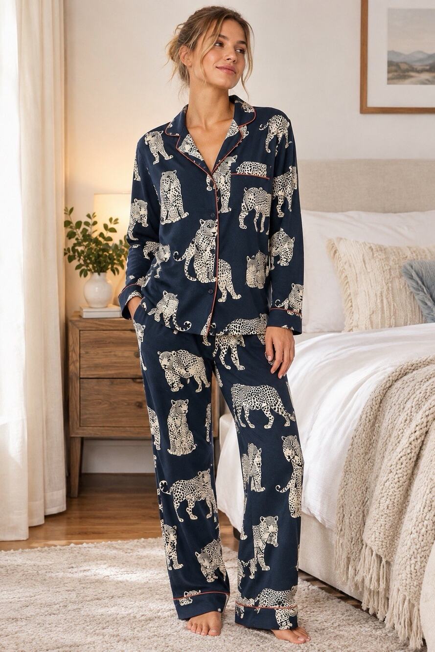 Chelsea Peers Women’s Large Leopard Cheetah Pajama Set Navy Button Up Print